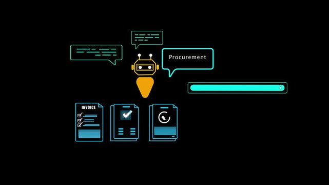 AI-powered procurement system concept with chatbot and digital invoice icons on mobile device, representing automation in B2B purchasing and mobile supply chain management solutions.