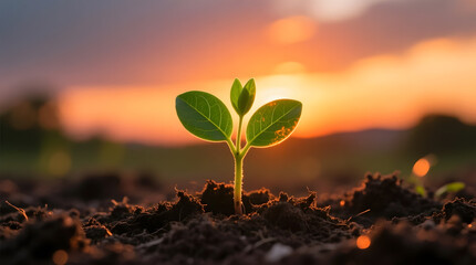 A tiny green sprout emerges from dark soil bathed in the warm glow of a sunset