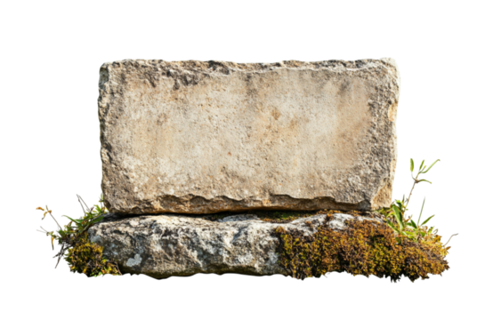 Ancient weathered stone monument with moss and grass against a transparent background