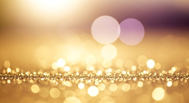 Golden bokeh lights and shimmering glitter strand with soft purple and yellow hues image - Powered by Adobe