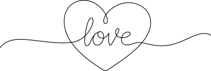 A single continuous line drawing gracefully forms a heart shape with the word love intertwined within its design