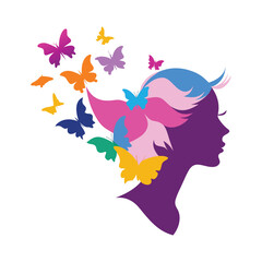 A vibrant silhouette of a woman's profile with colorful butterflies flowing from her hair, symbolizing freedom, transformation, and beauty