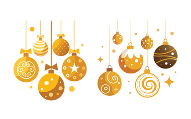An elegant collection of hanging golden Christmas ornaments, each adorned with unique festive patterns like swirls, stars, and stripes for holiday decoration