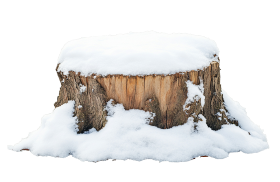 A snow covered tree stump stands isolated against a transparent background