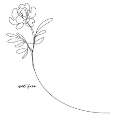 Delicate one line flower illustration with curved stem and set free text for minimalist design