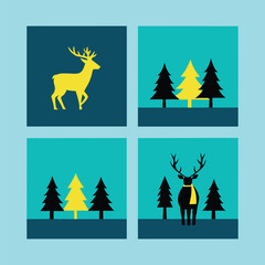 Festive winter scene illustration featuring a stag in a woodland setting with pine trees, perfect for holiday greeting cards and seasonal designs