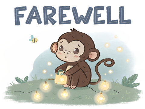 Sad Farewell Monkey with Glowing Lights Illustration - Powered by Adobe