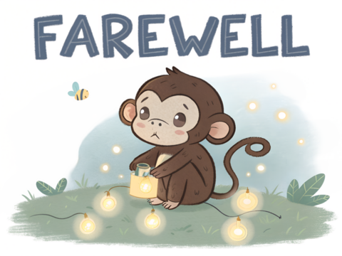 Sad Farewell Monkey with Glowing Lights Illustration