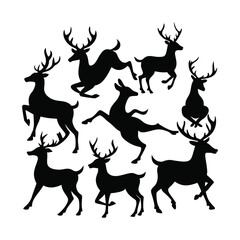 A dynamic collection of nine black stag silhouettes in various active and graceful poses. This isolated vector graphic set is perfect for wildlife or seasonal designs