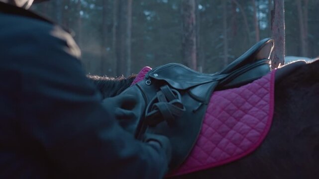 black rider performing pre-ride safety check on pink saddle pad, fastening straps and buckles with gloved hands, secure routine under pine trees at twilight, focused equestrian preparation