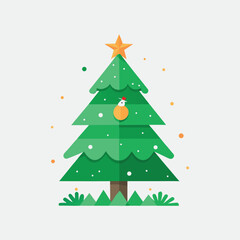 A Festive Flat Design Illustration of a Decorated Christmas Tree Adorned with a Star and Baubles