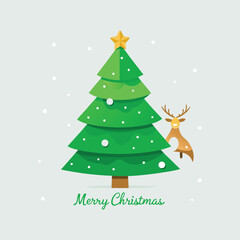 This charming holiday illustration features a decorated green Christmas tree and a cute reindeer peeking out from behind it under gentle snowfall