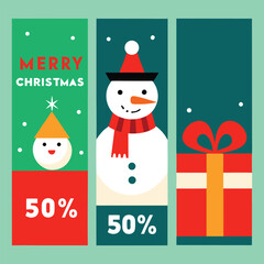 A collection of three colorful vertical banners for a Christmas holiday sale, featuring a snowman, a gift, and a festive character