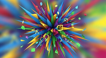 Abstract explosion of sharp colorful geometric shapes and polygons radiating from a central point against a blurred rainbow background