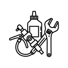Monochrome line art icon of essential mechanic tools.