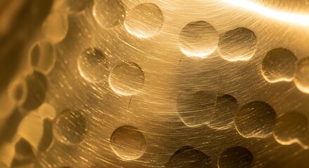 Close up of hammered golden metal surface with circular indentations and light reflections texture