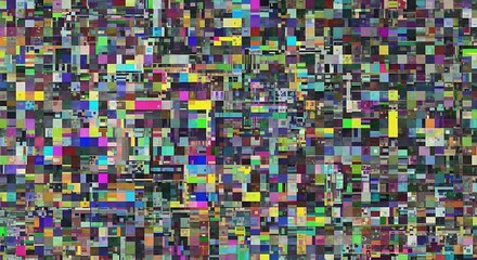 Abstract mosaic of colorful digital glitch squares and rectangles with varying shades of blue green purple yellow and pink