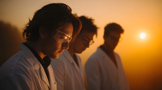 Three students in lab coats and safety glasses focused on an outdoor experiment during sunset