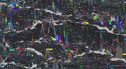 Abstract digital glitch art with fragmented colorful pixels and white noise patterns image