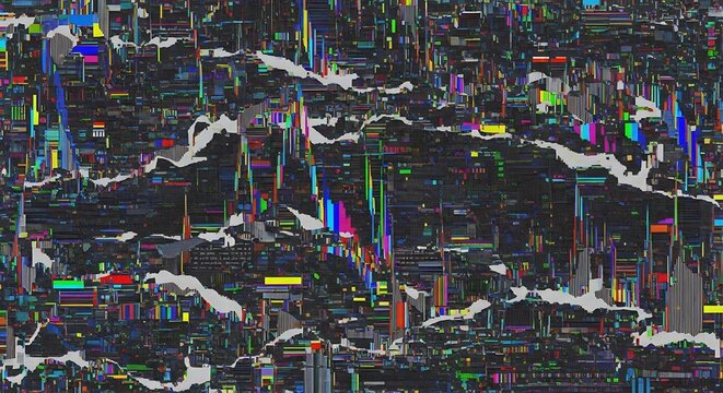 Abstract digital glitch art with fragmented colorful pixels and white noise patterns image