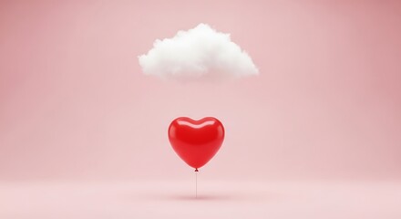 Red heart balloon floats beneath fluffy cloud on pink studio backdrop.