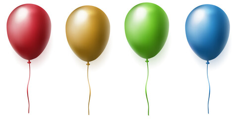 Air balloons isolated on white background. Realistic vector illustration. Set of colorful balloons: red, gold, green, and blue with ribbons for festive design.