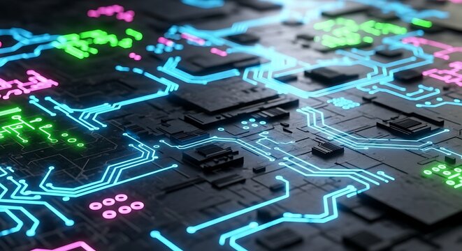 Close up of glowing blue pink and green circuit board pathways and components technology electronic