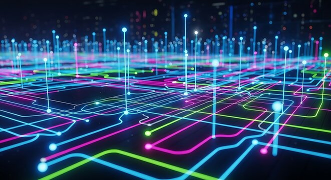 Abstract network of glowing neon lines and nodes on a dark background with bokeh lights image