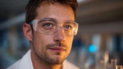 Obraz premium Male scientist wearing protective safety goggles captured in a close up portrait demonstrating intense focus and concent n during research in a
