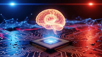 Artificial Intelligence and Neural Network Concept Featuring a Glowing Brain and Computer Chip with Complex Circuitry representing Technological Advancement and Cognitive Computing
