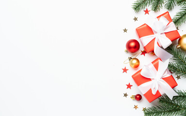 Christmas presents and holiday decorations at white background,