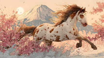 令和8年 2026年　馬と富士山と桜の幻想的な年賀状イラスト