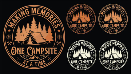 Camping Badge Set Featuring Tent, Trees, Mountains, and Adventure Icons for Outdoor Gear Branding, Travel Promotion, and Nature Enthusiasts