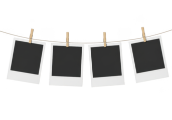 Hanging photo frames with pegs isolated on transparent background