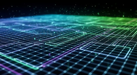 Abstract digital grid network with glowing blue green and purple lines and particles on black background