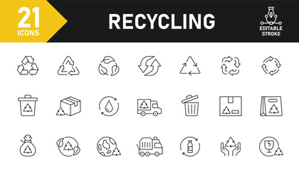 Recycle line icon set. Set of 21 outline icons related to recycling, recycle, trash, garbage, truck, separation and others. Editable stroke. Vector illustration.
