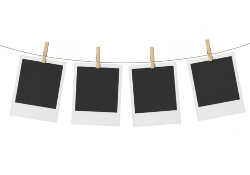 Hanging photo frames with pegs isolated on transparent background