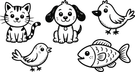 Obraz premium Hand Drawn Animals with Cat, Dog, Birds and Fish in Black and White on Transparent Background Exactly 130 Characters for Kids