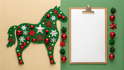 Festive decoration idea featuring a green horse shape adorned with holiday ornaments and a blank clipboard for notes