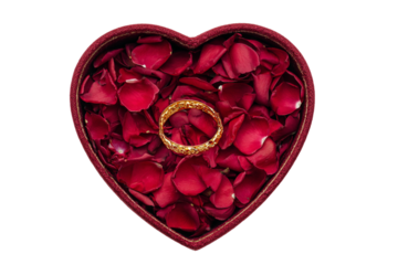 Heart-Shaped Gift Box Opened to Reveal Rose Petals and Golden Jewelry, Top View, Isolated on Transparent Background