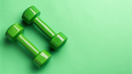 Green dumbbells resting on a bright background for fitness and workout routines