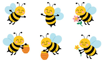 Obraz premium Cute Smiling Honey Bees In Flat Cartoon Vector Style Holding Honey Pots And Flowers In A Playful Spring Insect Illustration Set Designed For Kids Design, Creative Craft Assets, And Fun Decorative