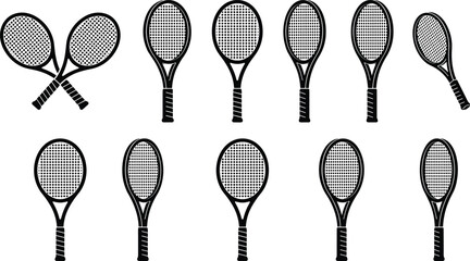 Set of Tennis Racket Icons Featuring Crossed and Upright Designs for Sports Graphics, Equipment Branding, and Athletic Illustrations