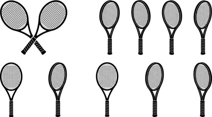 Tennis Racket Silhouette Collection Featuring Crossed and Upright Designs for Sports Equipment Graphics, Athletic Branding, and Game Illustrations
