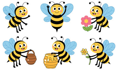 Cute Smiling Honey Bees In Flat Cartoon Vector Style Holding Honey Pots And Flowers In A Playful Spring Insect Illustration Set Designed For Kids Design, Creative Craft Assets, And Fun Decorative