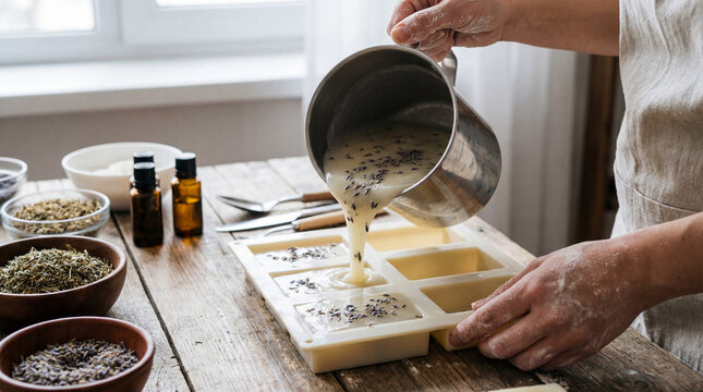 Crafting natural soap with herbs and essential oils in a cozy workshop