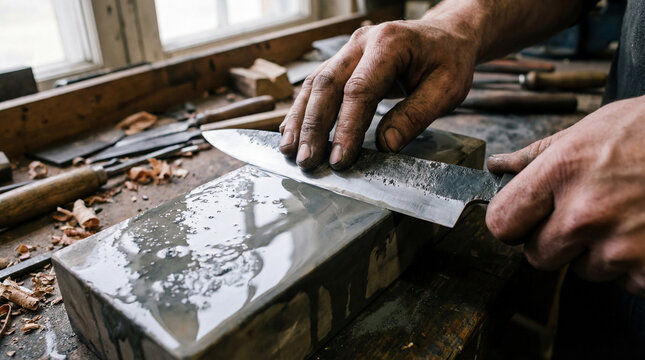 Crafting a perfect blade at a woodworking shop while honing skills on a sharpening stone