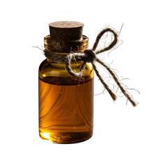 Small glass bottle with amber liquid and twine bow isolated on transparent background