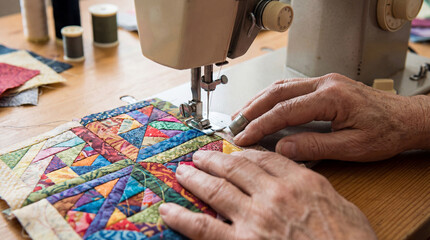Obraz premium Expert hands sew colorful quilt patches at a crafting table during a sunny afternoon