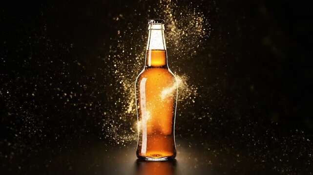 Dynamic reveal of a premium dark bottle with golden light rays and sparkling particles.
